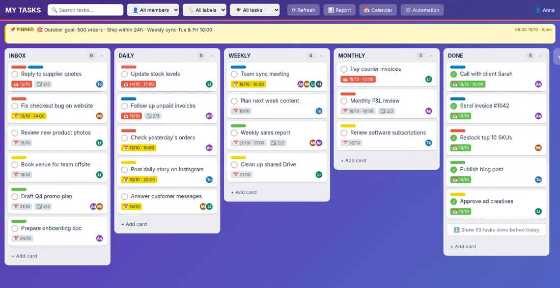 SheetHandy task board with lists for Inbox, Daily, Weekly and Monthly tasks